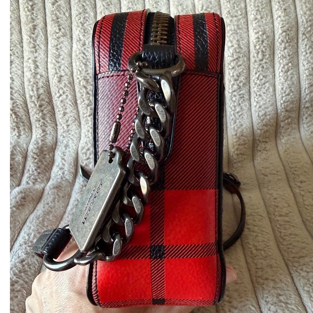 Coach Buffalo Plaid Red Black Leather Crossbody Camera Bag Gunmetal Hardware - Picture 9 of 13
